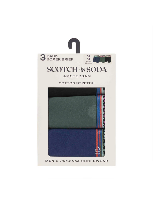 SCOTCH & SODA - CORE - COTTON STRETCH BOXER BRIEF (3 PACK) GREEN BLUE BLACK
