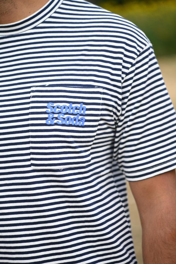 SCOTCH & SODA - STRIPE POCKET JERSEY T SHIRT WHITE NAVY